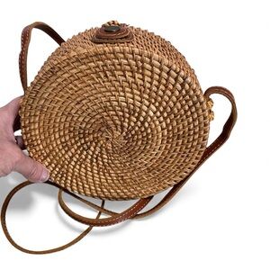 Round Woven Rattan Crossbody Bag